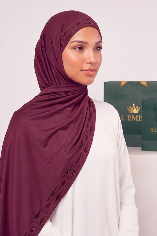 Red Wine Stardust Trail liquid jersey hijab by Al Emira
