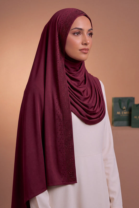 Red Wine Rhinestone liquid jersey hijab by Al Emira