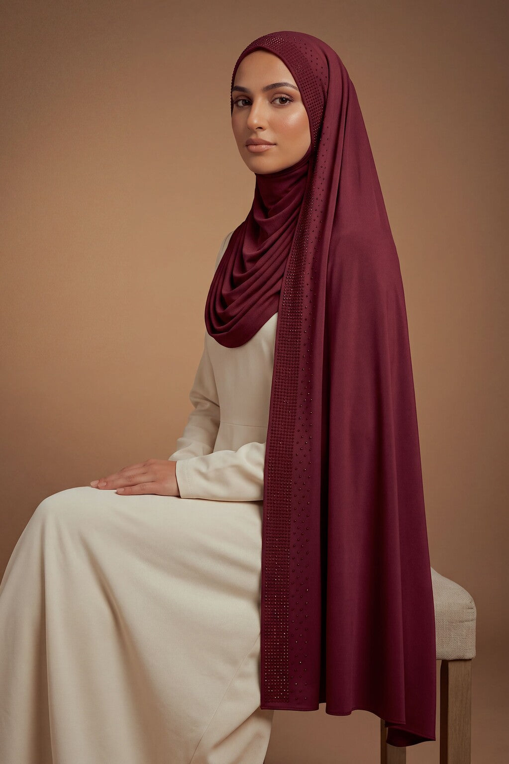 Wine red rhinestone jersey hijab, 175 x 70cm
