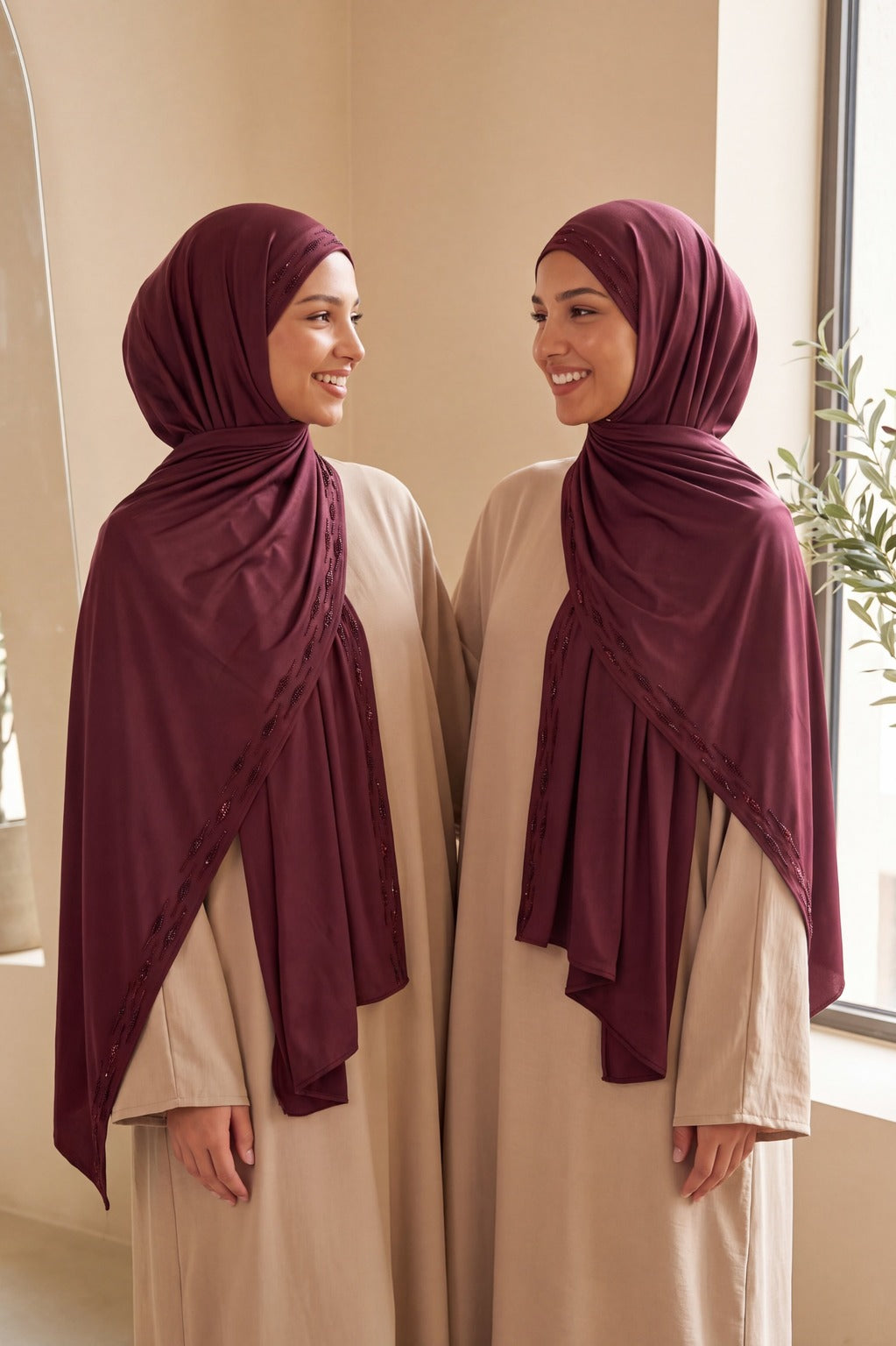 Al Emira Red Wine Stardust Trail hijab in a jersey, cotton and silk blend