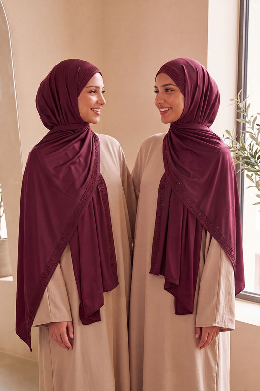 Al Emira Red Wine Greek Keys hijab in a jersey, cotton and silk blend