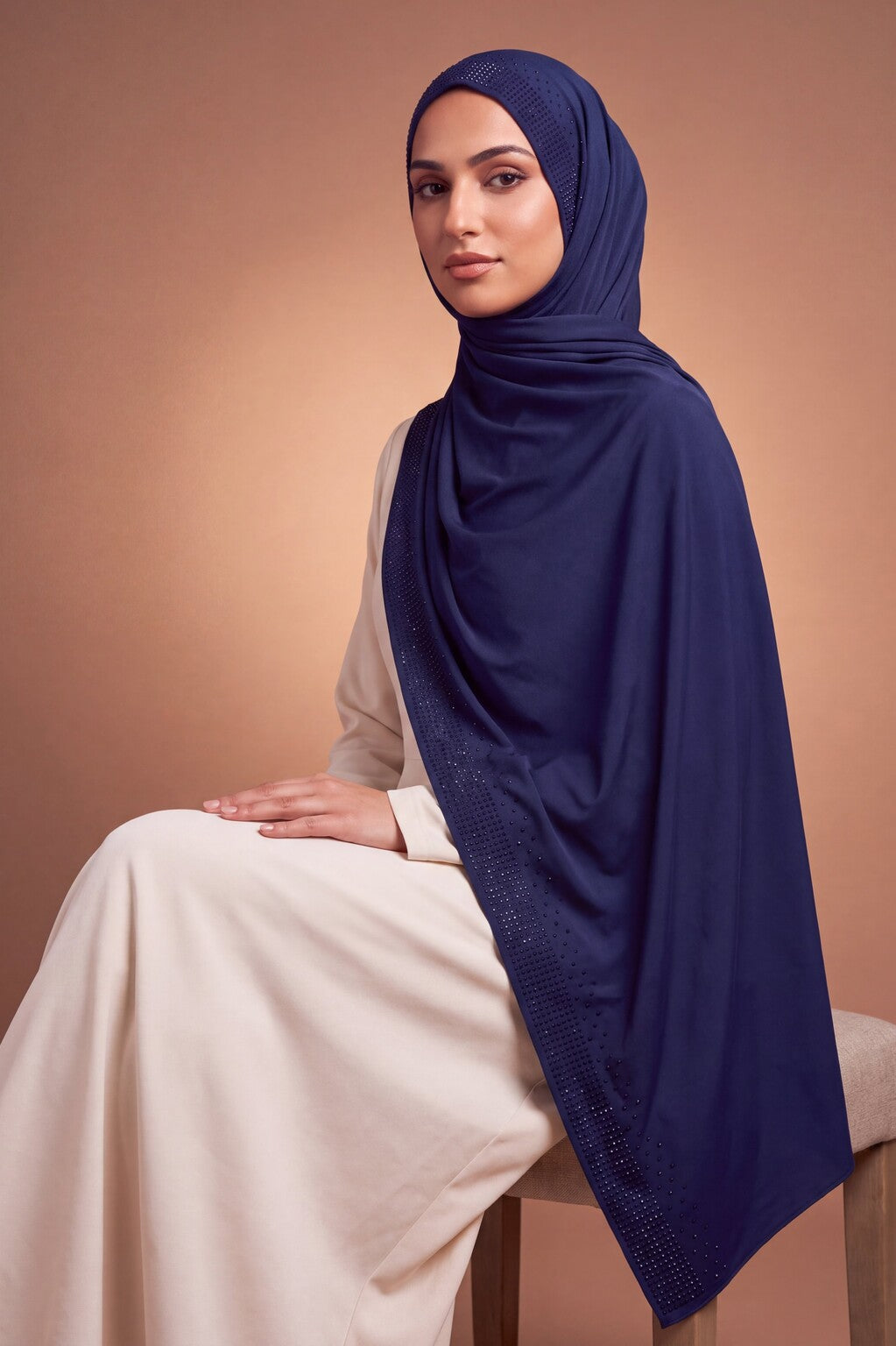 Navy blue rhinestone jersey hijab, 175 x 70cm