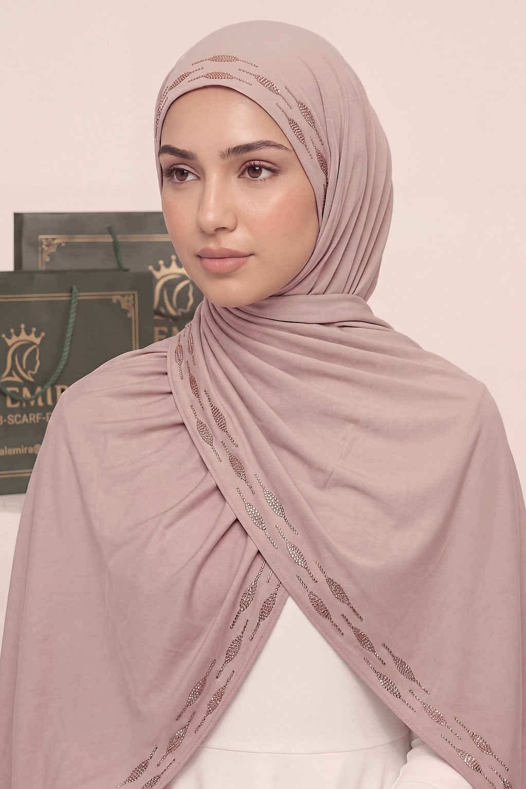 Rose Beige Stardust Trail liquid jersey hijab by Al Emira
