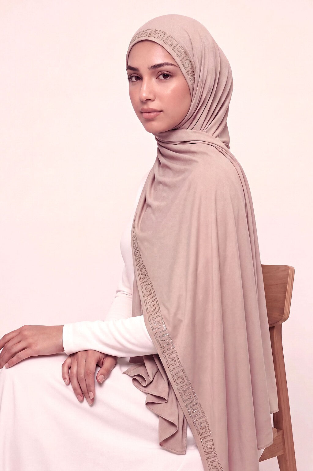 Rose beige Greek key jersey hijab, 175 x 70cm