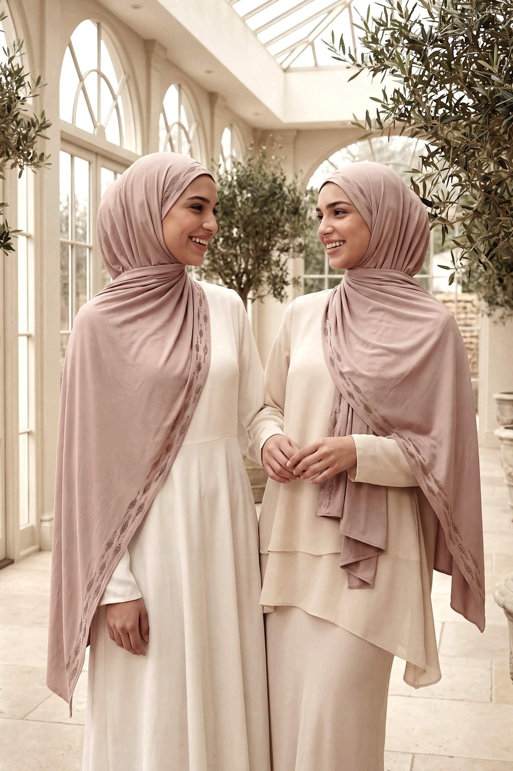 Al Emira Rose Beige Stardust Trail hijab in a jersey, cotton and silk blend