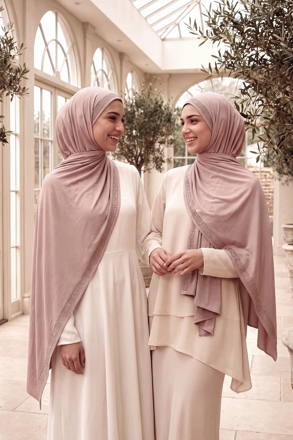 Al Emira Rose Beige Greek Keys hijab in a jersey, cotton and silk blend