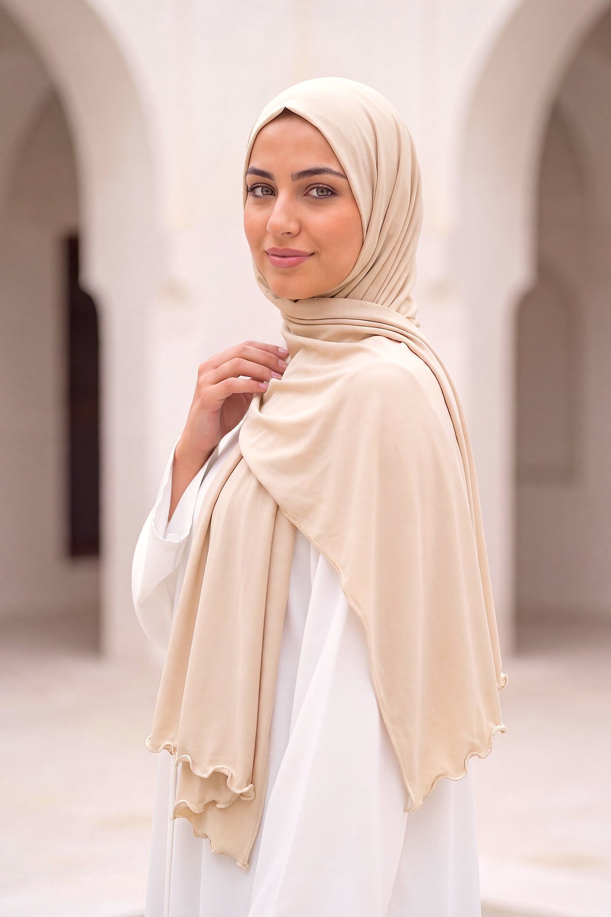 Al Emira Champagne Satin Ripple hijab in a jersey, polyester and nylon blend