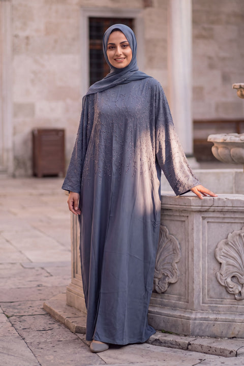 Willow abaya in Slate, blue-grey Korean Nida abaya with beaded embellishment, with matching hijab