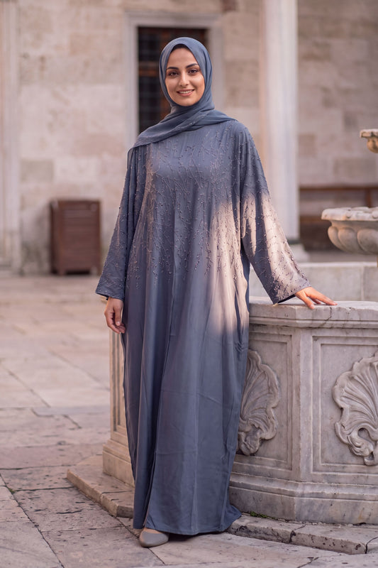 Willow abaya in Slate, blue-grey Korean Nida abaya with beaded embellishment, with matching hijab