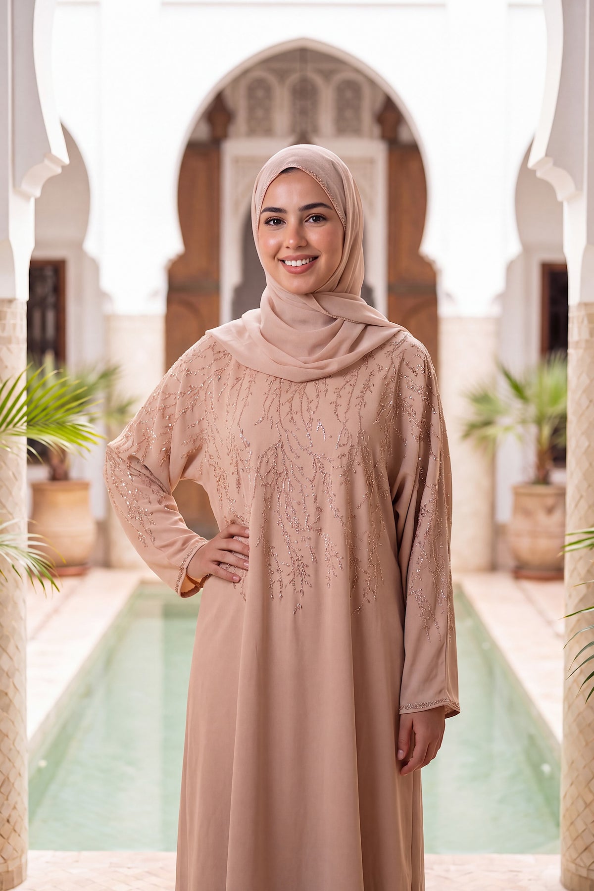 Willow abaya in Dune, beige Korean Nida abaya with sequin embellishment, with matching hijab