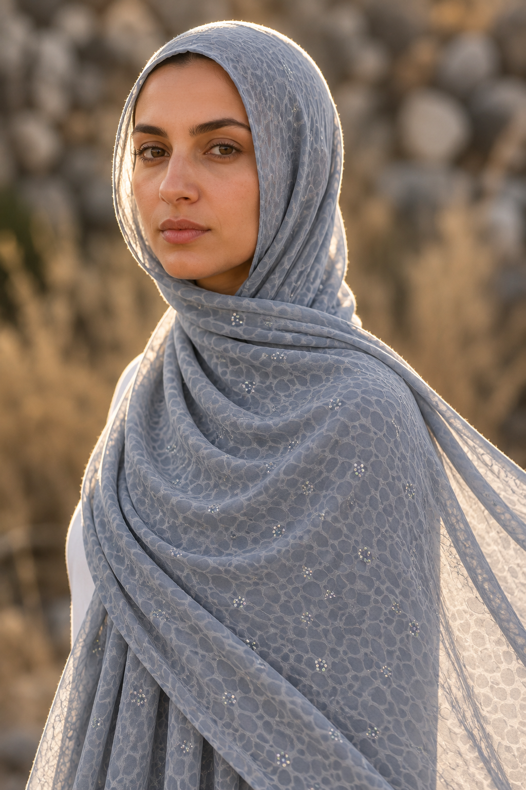 Grey leopard print chiffon hijab by Al Emira