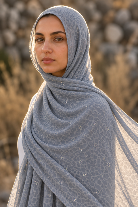 Grey leopard print chiffon hijab by Al Emira
