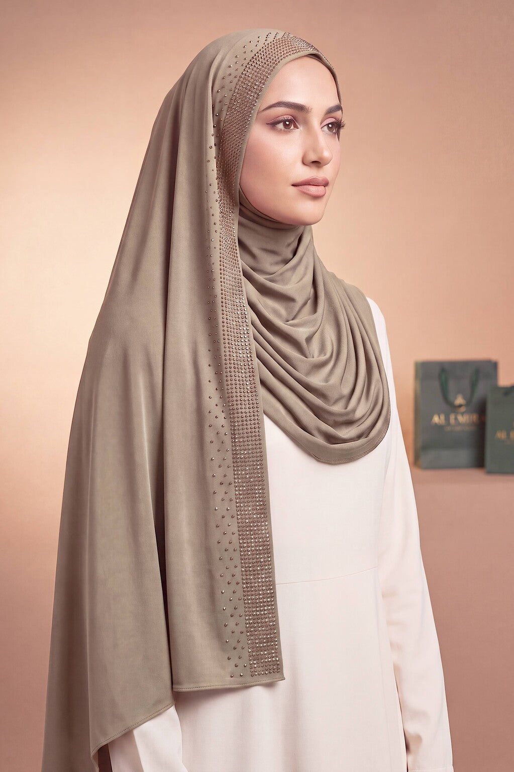 Fawn Rhinestone liquid jersey hijab by Al Emira