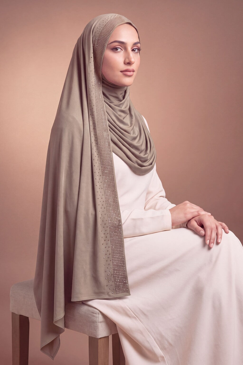 Tan rhinestone jersey hijab, 175 x 70cm