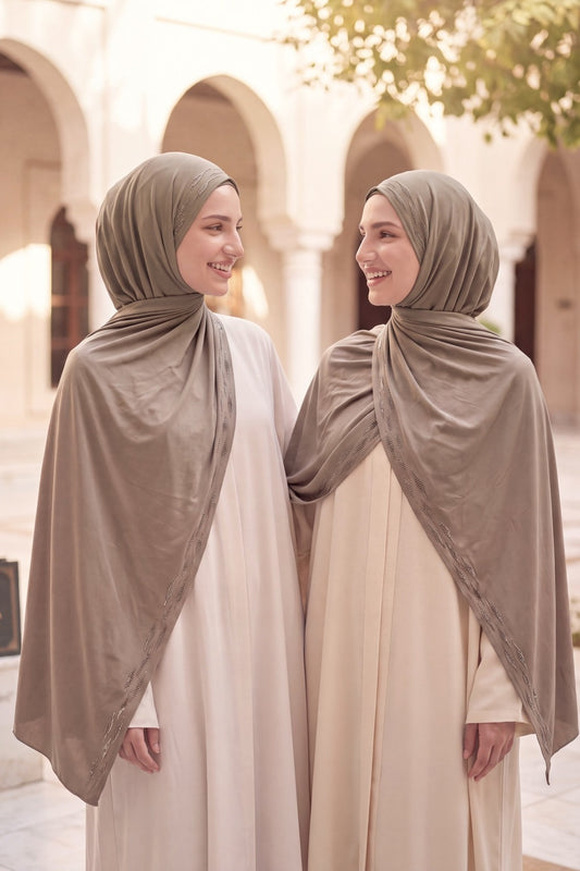 Al Emira Fawn Stardust Trail hijab in a jersey, cotton and silk blend