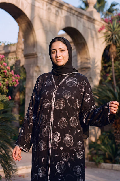 Rosette abaya in Onyx, black Korean Nida abaya with silver rose print, with matching hijab