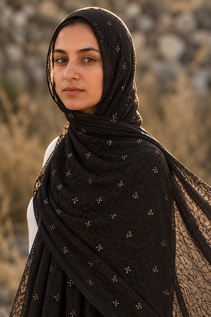 Black leopard print chiffon hijab by Al Emira