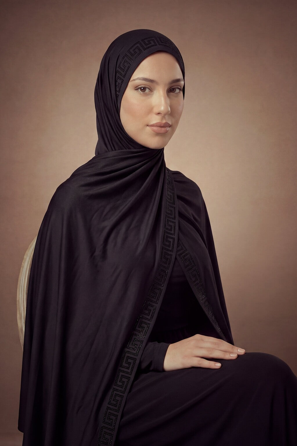 Black Greek key jersey hijab, 175 x 70cm