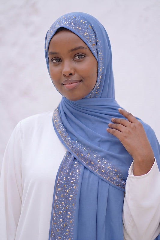 Cornflower Cascade hijab in a jersey, cotton and silk blend