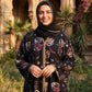 Rosette abaya in Orchid, black Korean Nida abaya with floral design and gold trim, with matching hijab