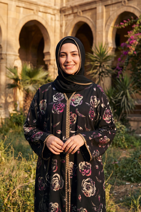 Rosette abaya in Orchid, black Korean Nida abaya with floral design and gold trim, with matching hijab