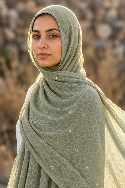 Sage green leopard print chiffon hijab by Al Emira