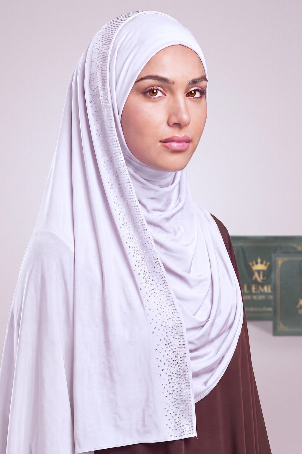 Baby White Rhinestone liquid jersey hijab by Al Emira