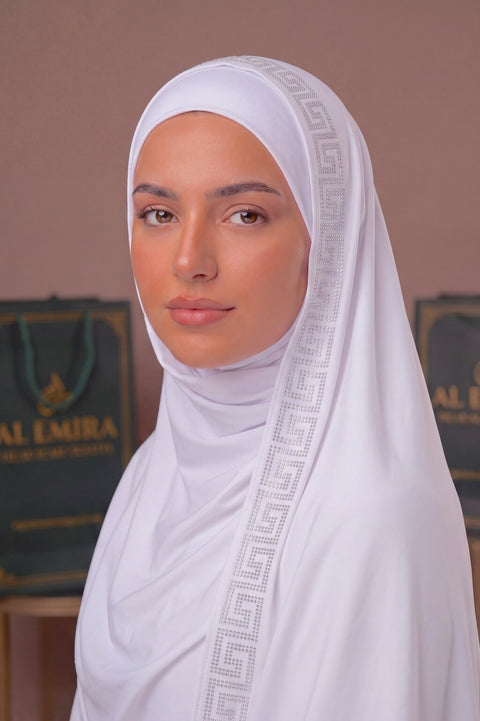 Baby White Greek Keys Edition liquid jersey hijab by Al Emira
