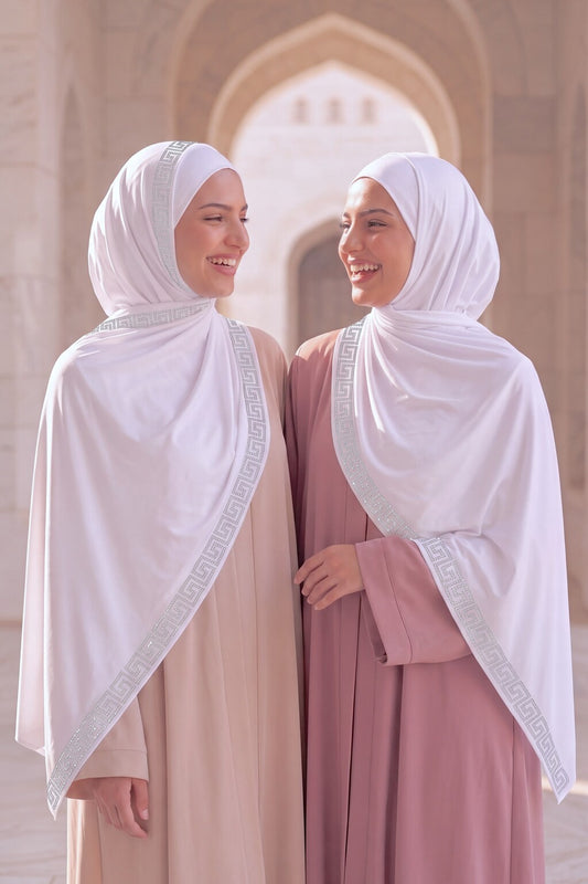 Al Emira Baby White Greek Keys hijab in a jersey, cotton and silk blend