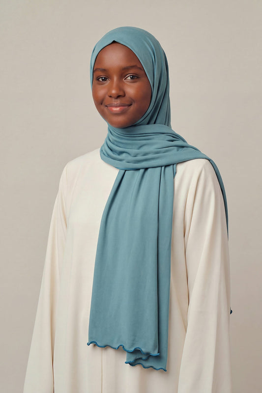 Teal Satin Ripple liquid jersey hijab by Al Emira