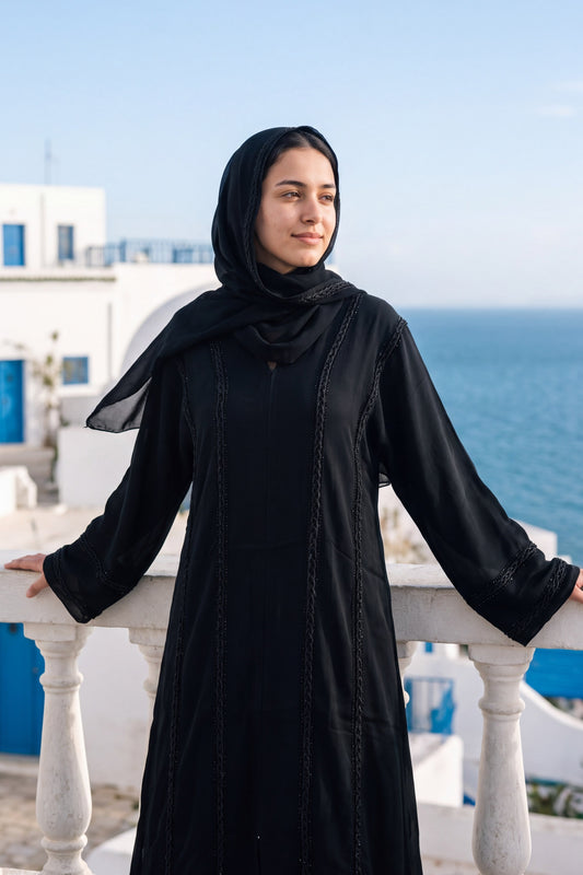 Tresse abaya in Noir, black Korean Nida abaya with braided trim, with matching hijab