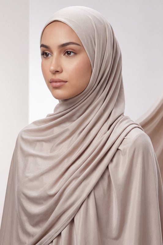 Beige Sandstone plain liquid jersey hijab by Al Emira