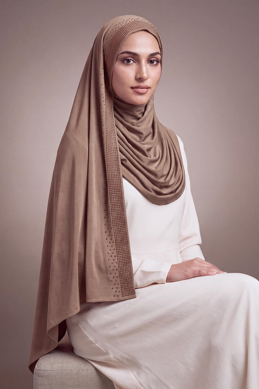 Warm beige rhinestone jersey hijab, 175 x 70cm