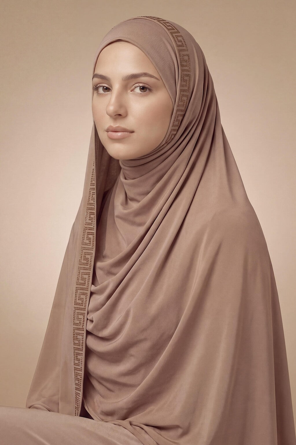 Warm beige Greek key jersey hijab, 175 x 70cm