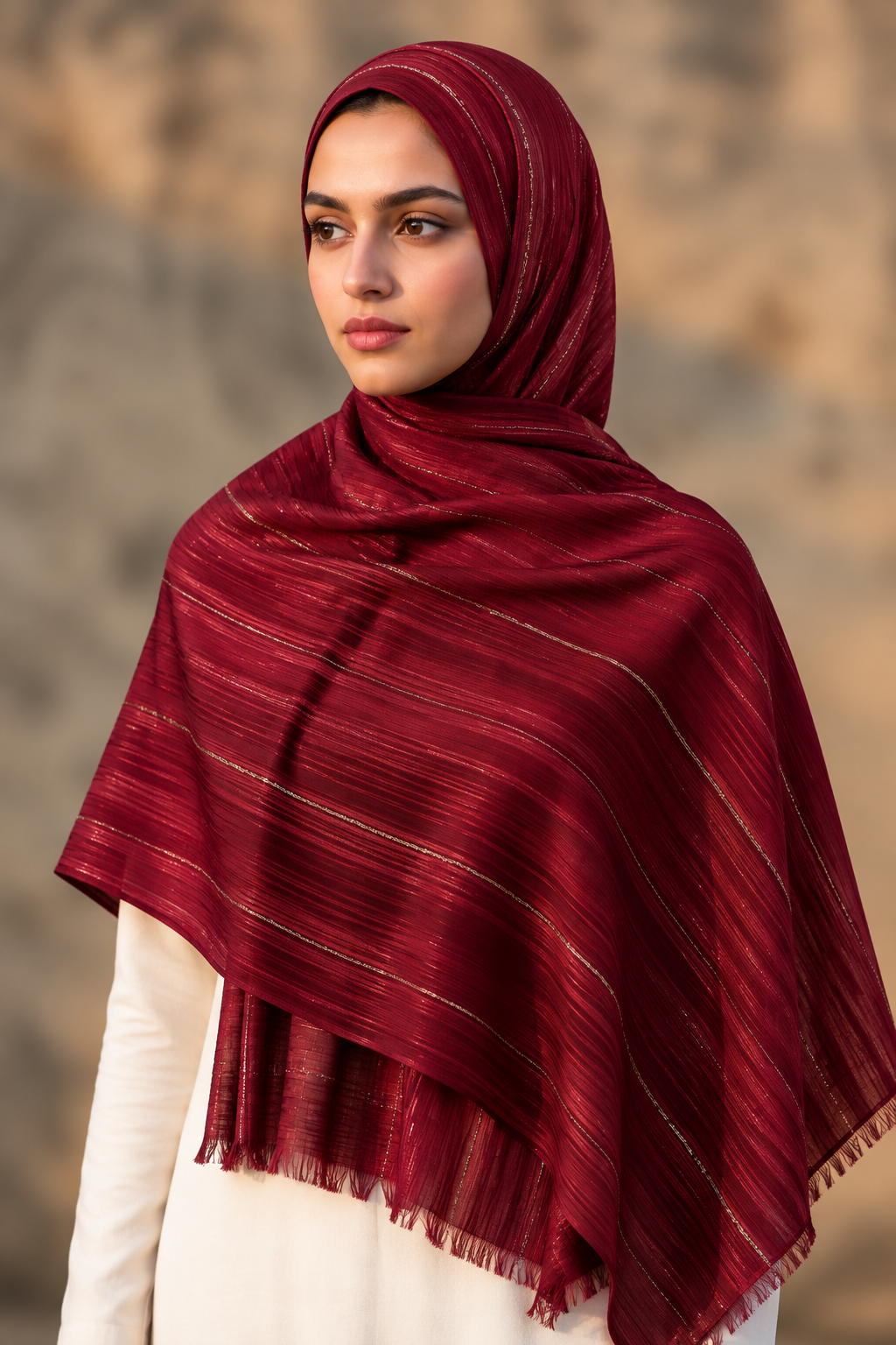 Burgundy chiffon hijab with tone-on-tone stripes by Al Emira
