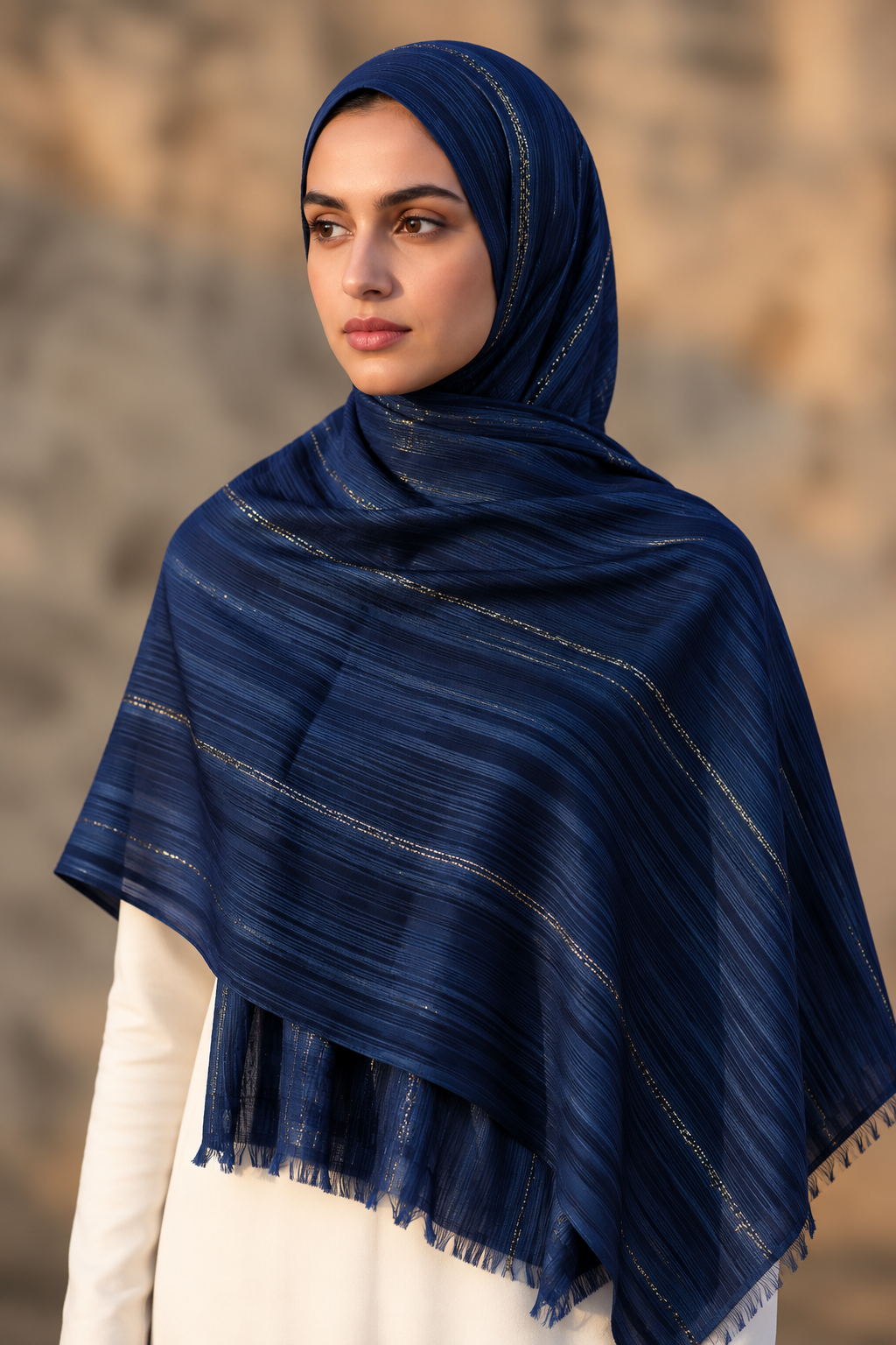 Navy chiffon hijab with tone-on-tone stripes by Al Emira