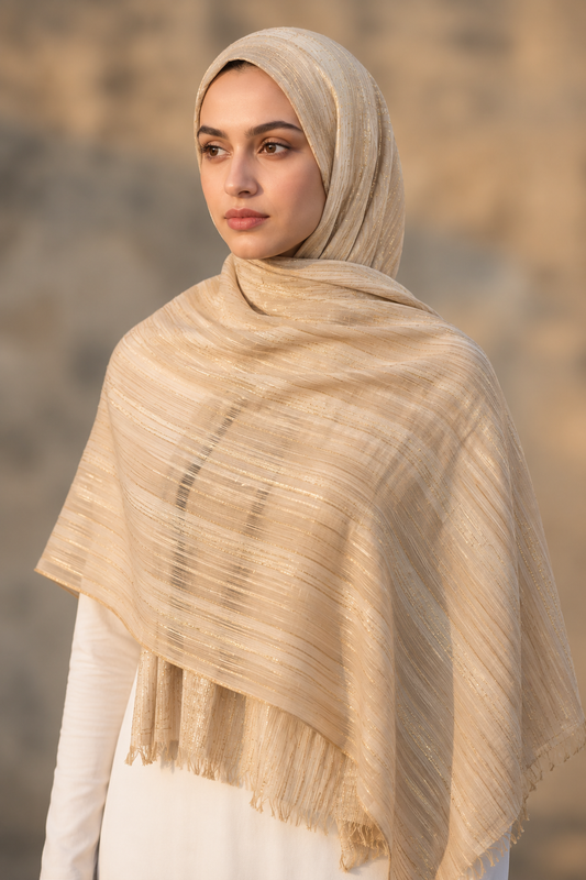 Cream chiffon hijab with tone-on-tone stripes by Al Emira