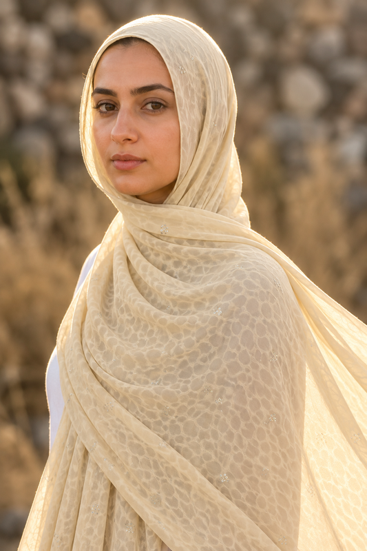 Cream leopard print chiffon hijab by Al Emira