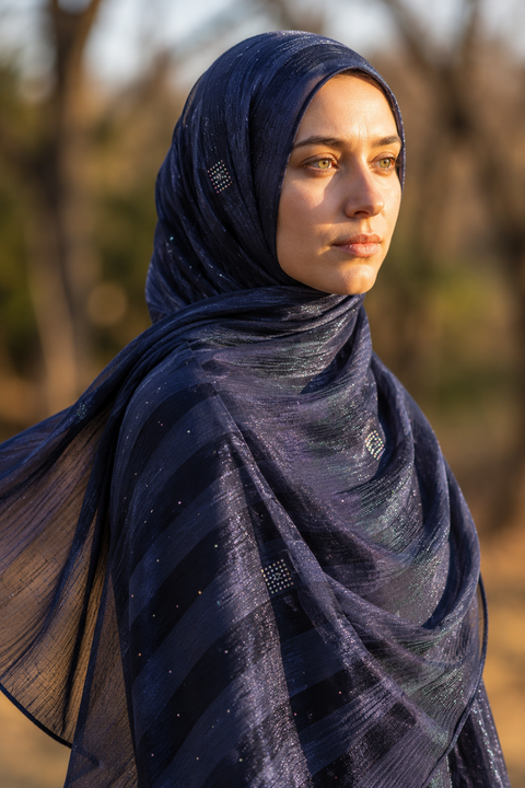 Navy blue chiffon hijab with diamanté stones by Al Emira