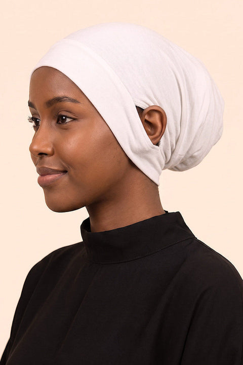 White ear free tube hijab under cap