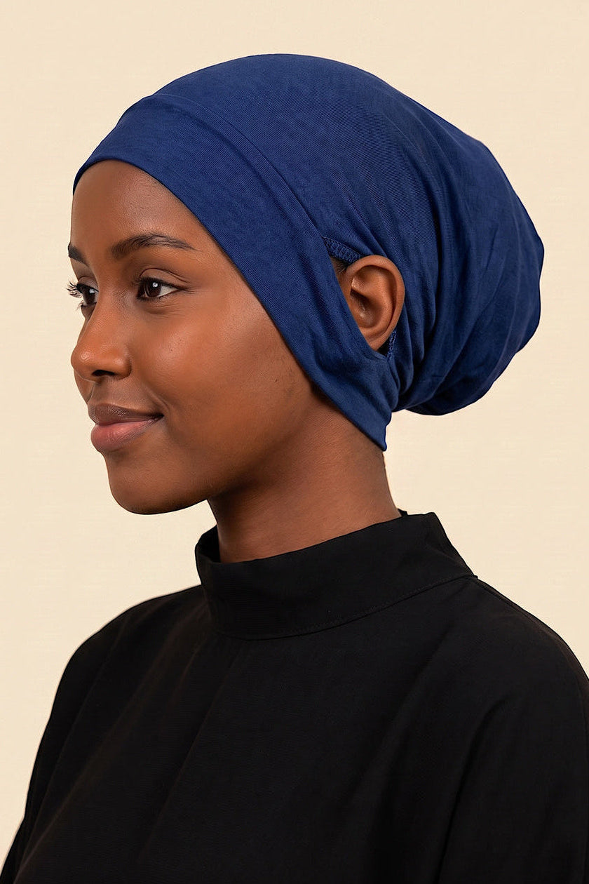 Navy ear free tube hijab under cap