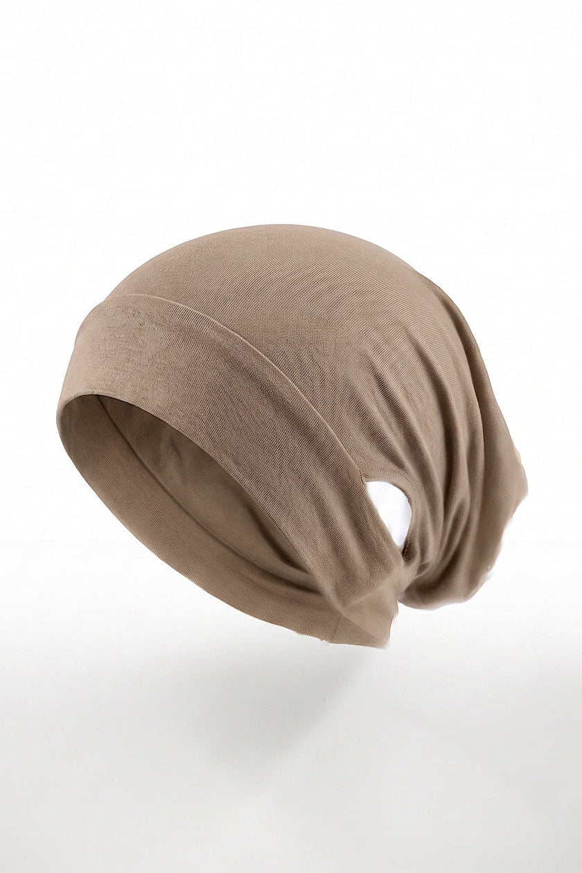Mocha ear free tube hijab under cap, second view