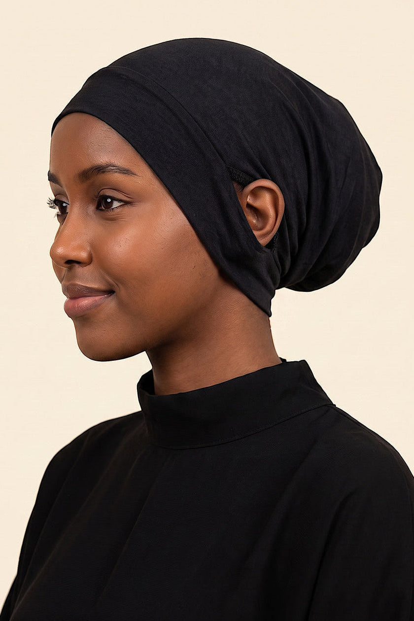 Black ear free tube hijab under cap