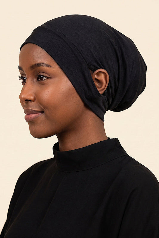 Black ear free tube hijab under cap