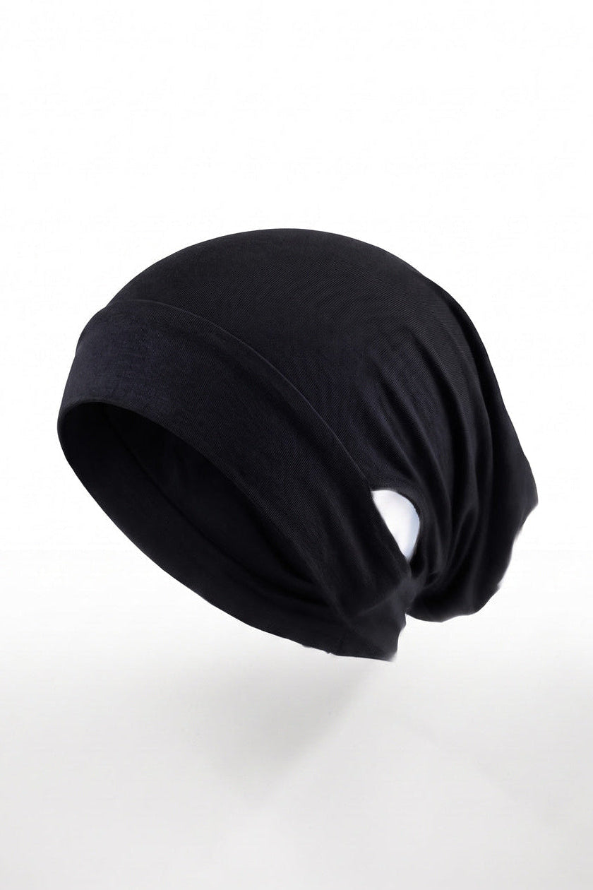 Black ear free tube hijab under cap, second view