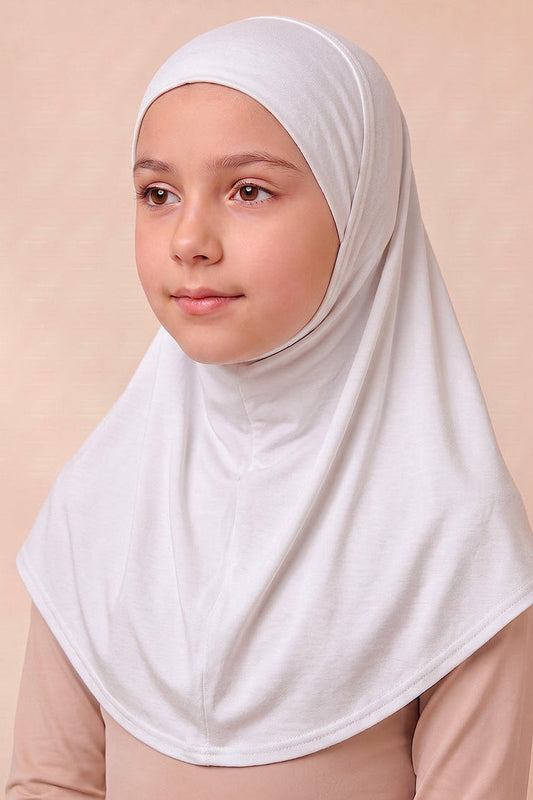 White children's full coverage hijab under cap