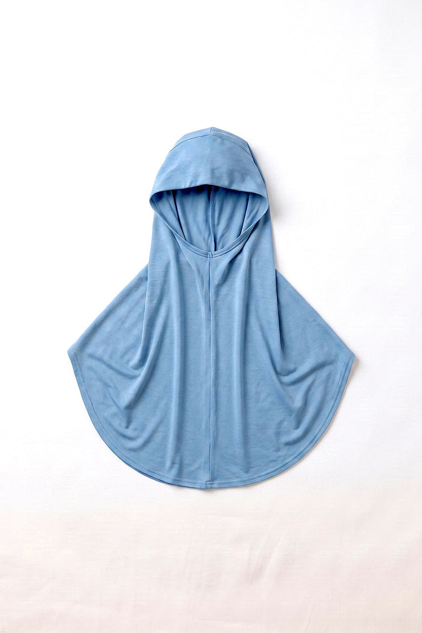 Sky blue children's full coverage hijab under cap, second view