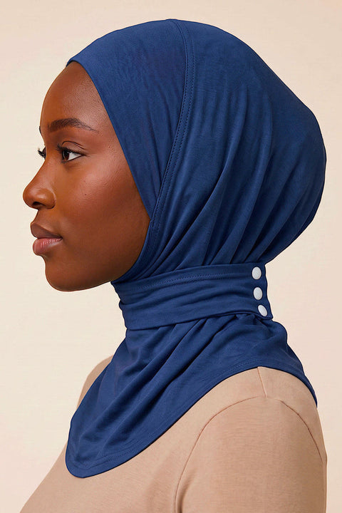 Navy adult snap hijab under cap