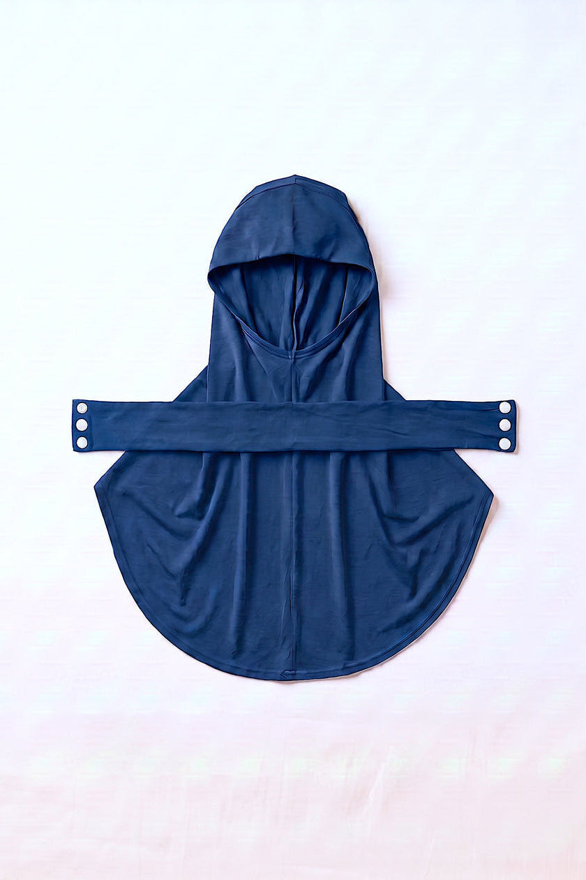 Navy adult snap hijab under cap, second view
