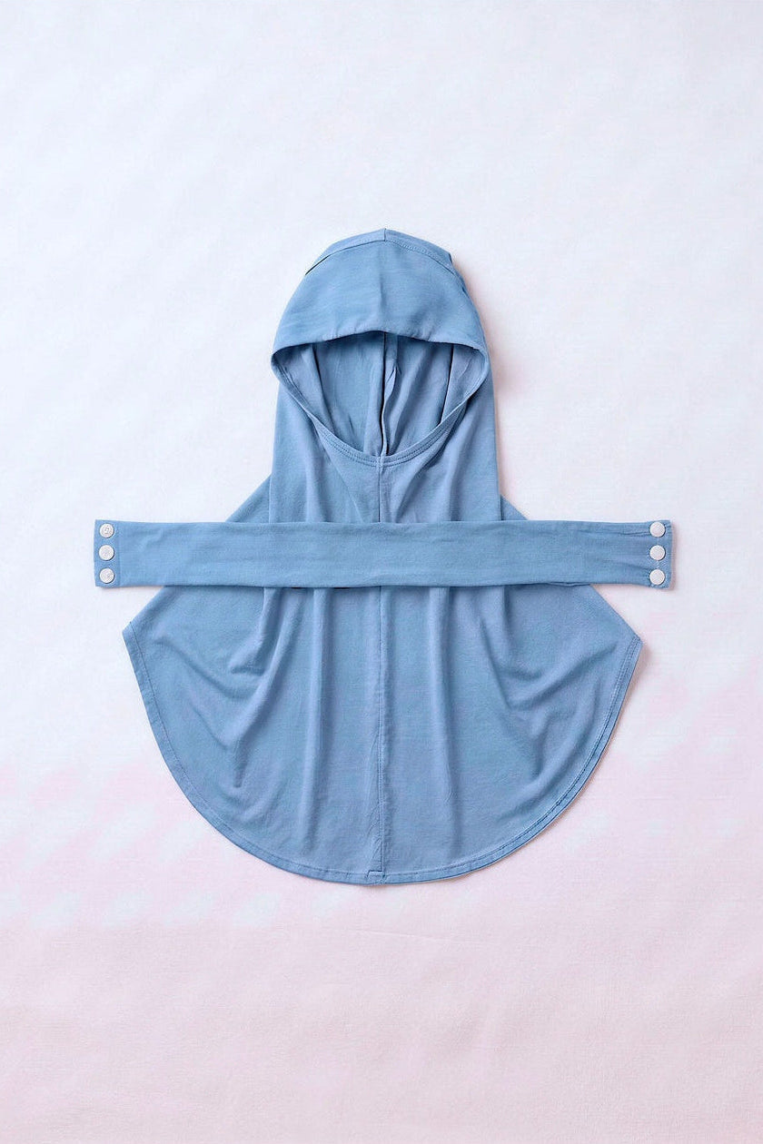 Sky blue children's snap hijab under cap, second view